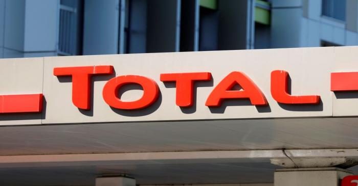 Logo of Total company on a gas station in Montreuil