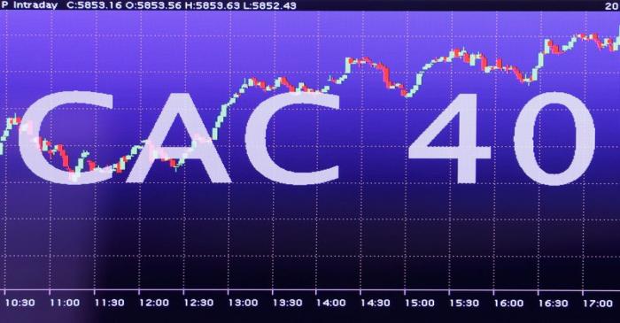 FILE PHOTO: An electronic screen shows CAC 40 stock information is seen in the market services