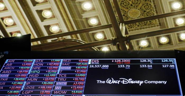 FILE PHOTO: The logo of the Walt Disney Company is displayed above the floor of the New York
