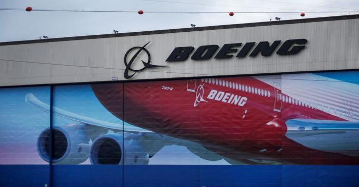 FILE PHOTO: A Boeing logo is seen at the company's facility in Everett