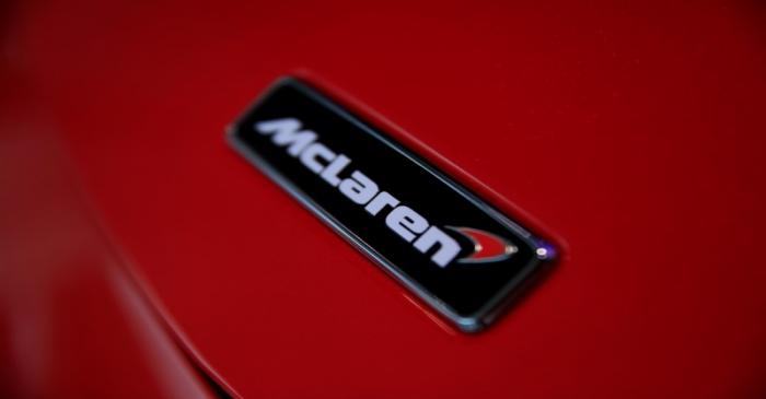 The Mclaren logo on a car is photographed at a dealership in Singapore