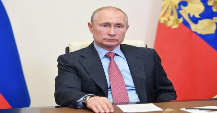 Russian President Vladimir Putin takes part in a video conference call with Mayor of Moscow