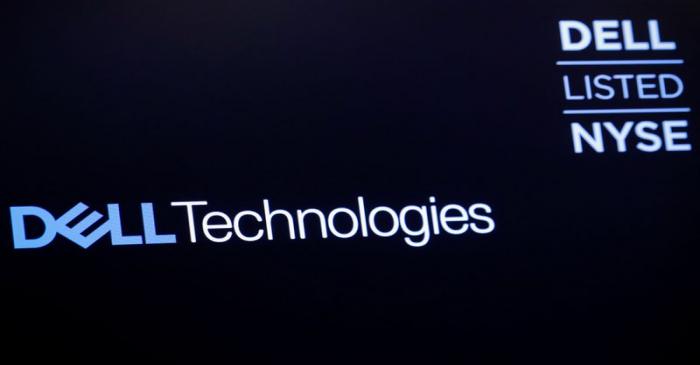 The logo for Dell Technologies Inc. is displayed on a screen on the floor of the New York Stock