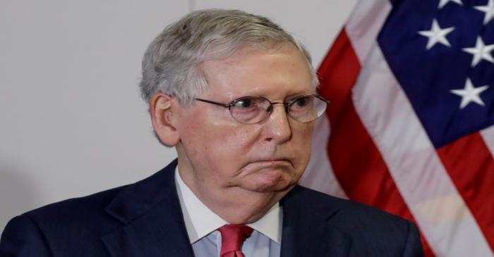 U.S. Senate Majority Leader Mitch McConnell speaks to reporters about coronavirus response
