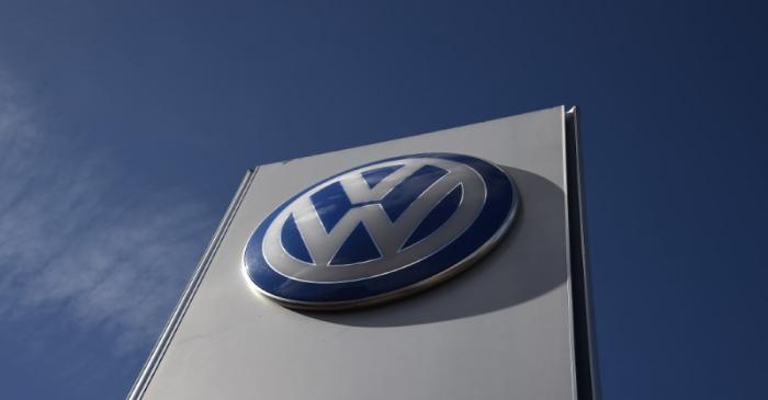 FILE PHOTO: Signage at a Volkswagen dealership is seen in London, Britain