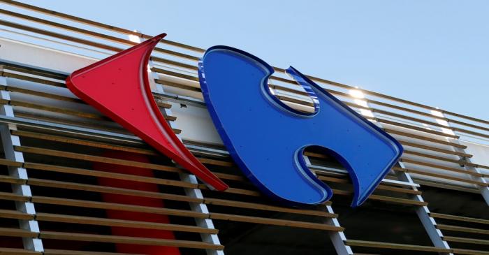 FILE PHOTO: A Carrefour logo is seen on a Carrefour Hypermarket store in Merignac near Bordeaux