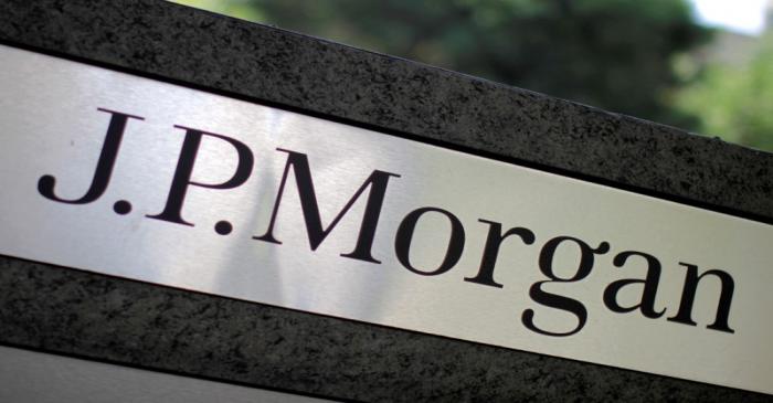 The logo of Dow Jones Industrial Average stock market index listed company JPMorgan Chase (JPM)