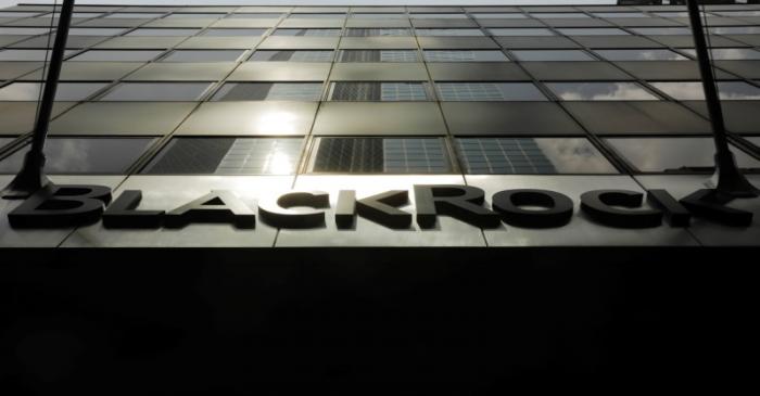 FILE PHOTO: A sign for BlackRock Inc hangs above their building in New York