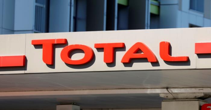 Logo of Total company on a gas station in Montreuil