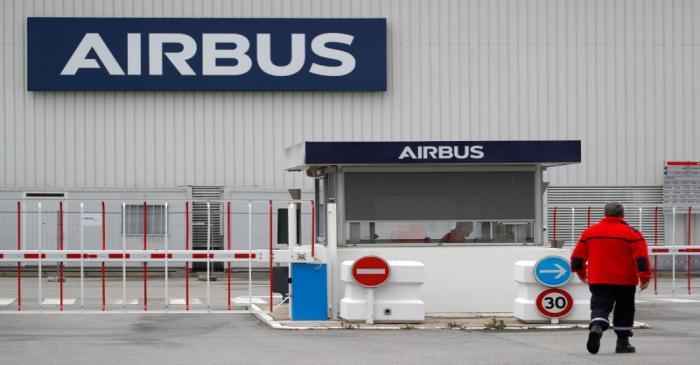 The logo of Airbus is pictured at the entrance of the Airbus facility in Bouguenais