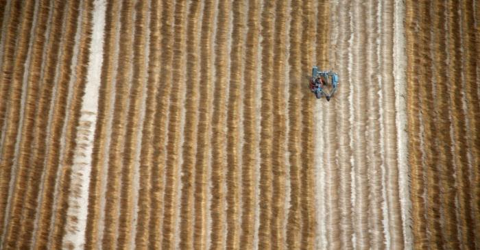 FILE PHOTO: A farmer works in a flax field after harvest in Marck-en Calaisis, near Calais