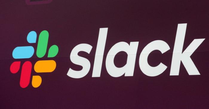 The Slack Technologies Inc. logo is seen on a banner outside the New York Stock Exchange (NYSE)