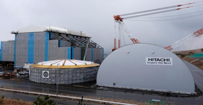 FILE PHOTO: Hitachi logos are seen on Electric Power Development Co. Oma Nuclear Power Station