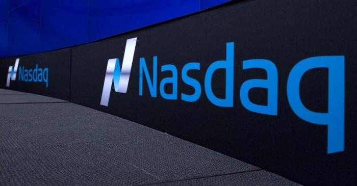 The Nasdaq logo is displayed at the Nasdaq Market site in New York