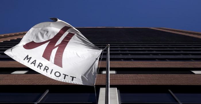 A Marriott flag hangs at the entrance of the New York Marriott Downtown hotel in Manhattan, New
