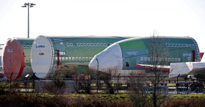 FILE PHOTO: Sections of Airbus A380 are seen outside the final assembly line site at Airbus