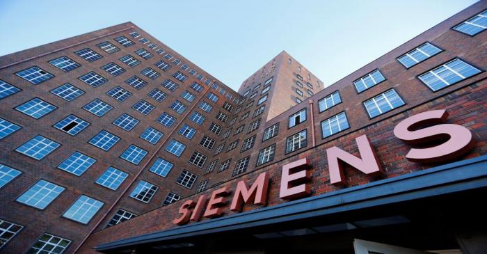The Siemens logo is seen on a building in Siemensstadt in Berlin