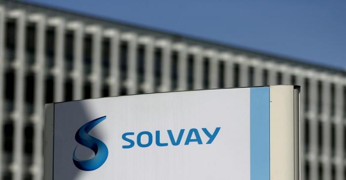 FILE PHOTO: The logo of Belgian chemical group Solvay is seen at its headquarters in Brussels