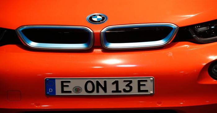 A BMW electric car is seen during the E.ON annual shareholders meeting in Essen