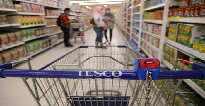 A shopping cart is pictured in a Tesco supermarket, amid the coronavirus disease (COVID-19)
