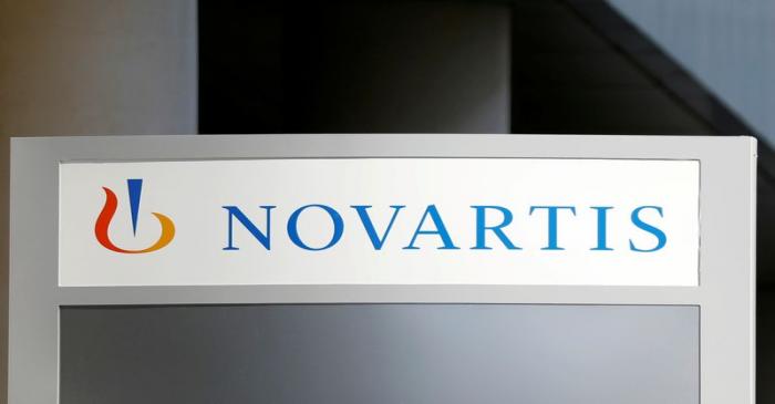 FILE PHOTO: The logo of Swiss drugmaker Novartis is pictured at the French company's