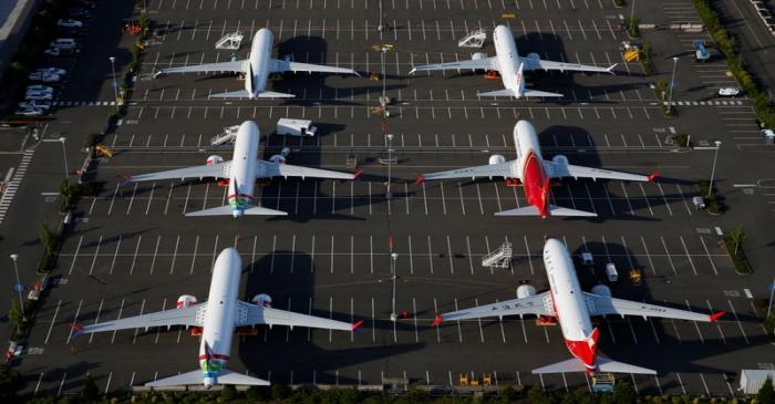 Boeing 737 Max aircraft are parked in a parking lot at Boeing Field in this aerial photo taken