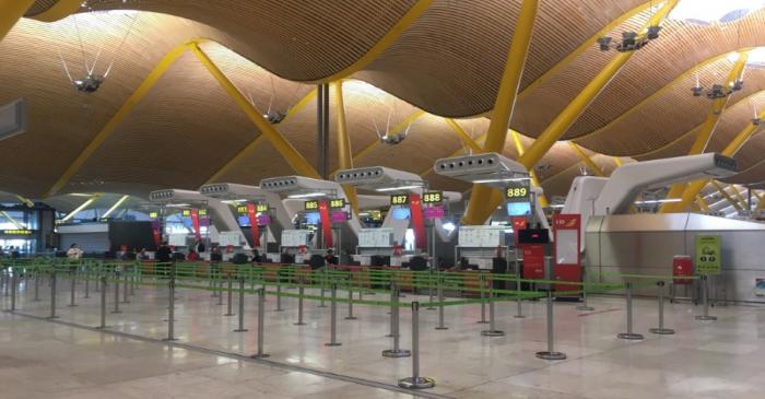 FILE PHOTO:  Empty Iberia check-in counters are seen at Madrid's Adolfo Suarez Barajas Airport