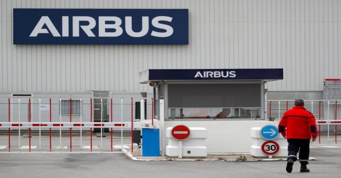 FILE PHOTO: The logo of Airbus is pictured at the entrance of the Airbus facility in Bouguenais