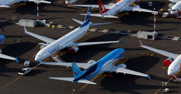 FILE PHOTO: Boeing 737 Max aircraft are parked in a parking lot at Boeing Field in this aerial