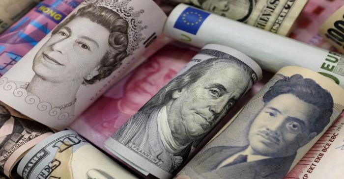 Banknotes of Euro, Hong Kong dollar, U.S. dollar, Japanese yen, GB pound and Chinese 100 yuan