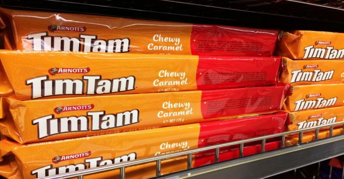 FILE PHOTO: Arnott's Tim Tam biscuits are pictured on a supermarket shelf in Sydney