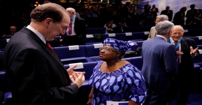 FILE PHOTO: World Bank President David Malpass talks to Ngozi Okonjo-Iweala, former Finance