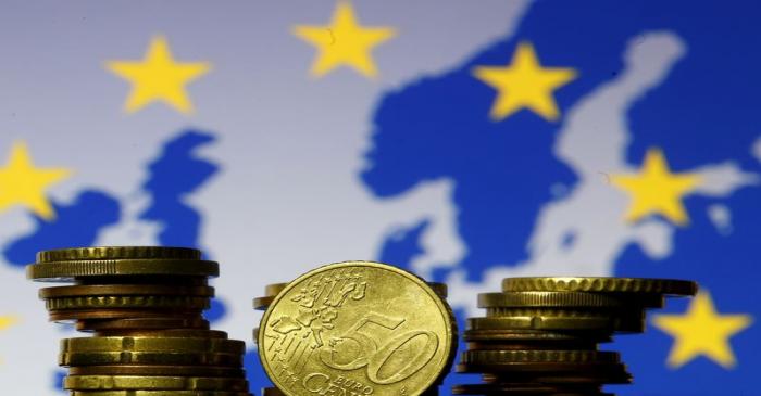 FILE PHOTO: Euro coins are seen in front of displayed flag and map of European Union in this