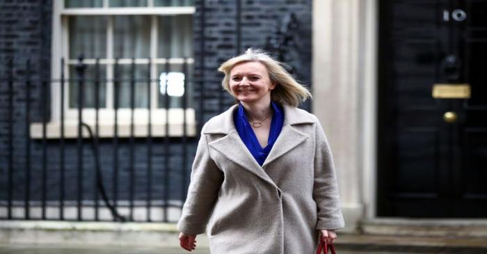 Britain's Secretary of State and President of the Board of Trade Elizabeth Truss leaves Downing