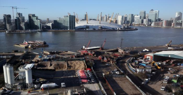 Construction work near the River Thames on the Greenwich Peninsula is seen next to the O2 and