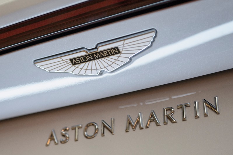 The Aston Martin badge is seen on the 2018 Aston Martin Vantage during a media tour of the