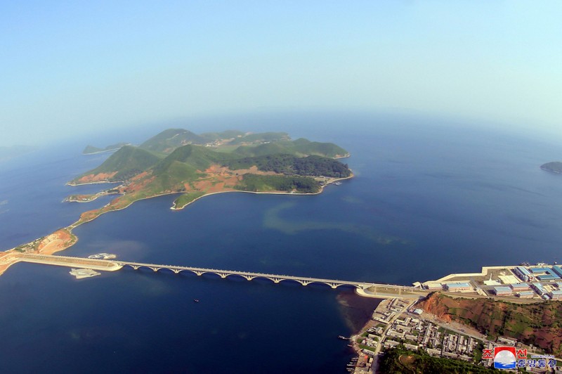FILE PHOTO: An aerial photo shows the completed railway bridge across Sokjon Bay, part of the
