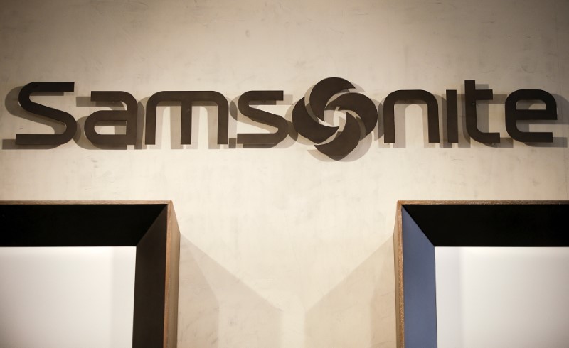 The logo of Samsonite is seen in a shop in downtown Rome
