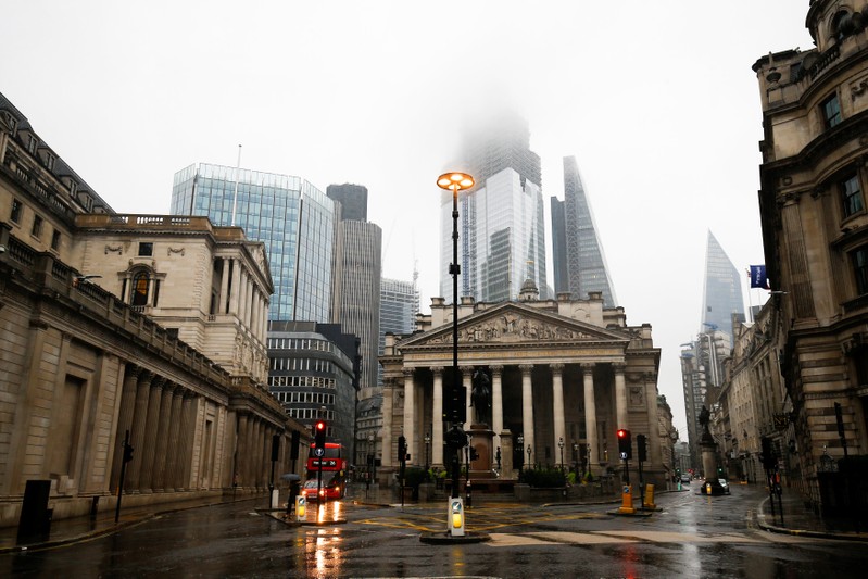 The Bank of England is seen in the financial district during rainy weather in London