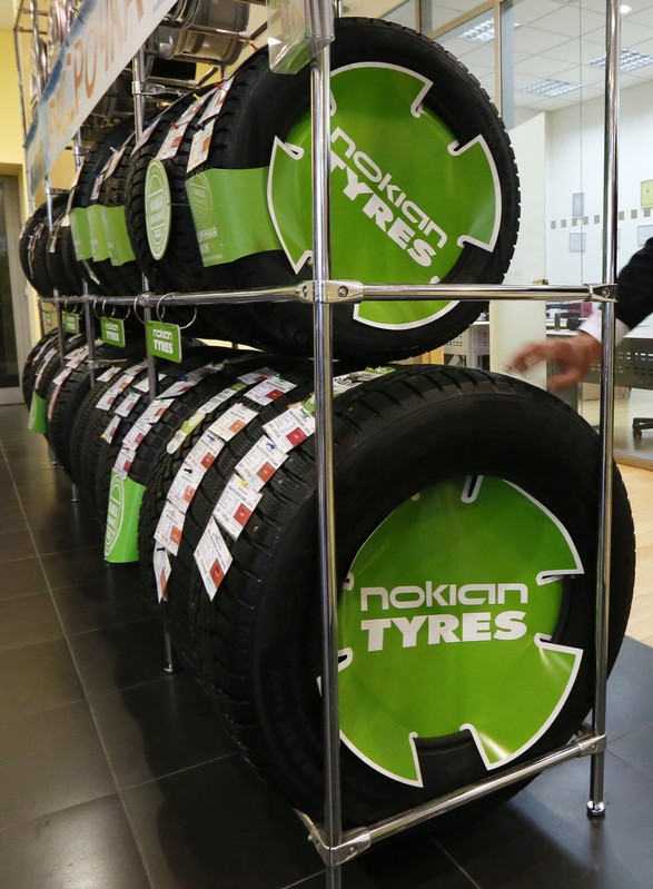 Nokian tyres are pictured on display at the 
