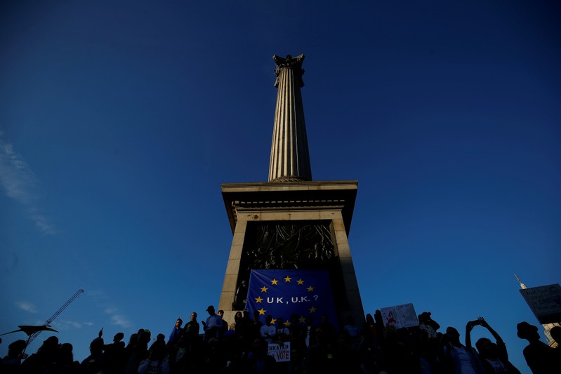 Protesters participating in an anti-Brexit demonstration march sit at the base of Nelson's