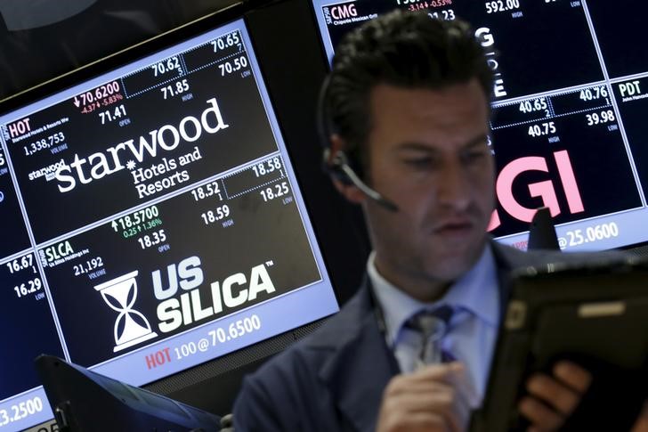 FILE PHOTO:  Traders stand by the post where the stock for Starwood Hotels & Resorts Worldwide