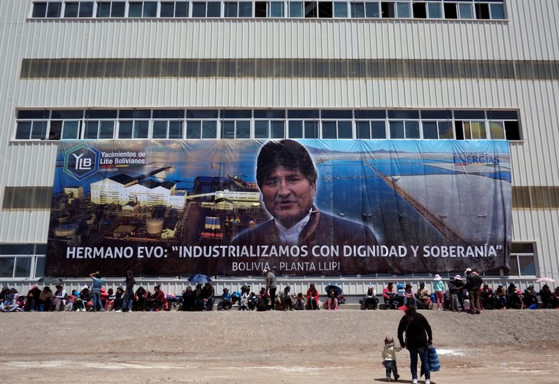 A banner with the image of Bolivia's President Evo Moraes and the slogan 