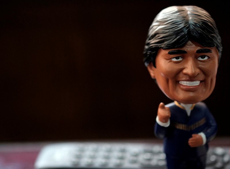 A figurine depicting Bolivia's President Evo Morales is seen at the office of Bolivia's High
