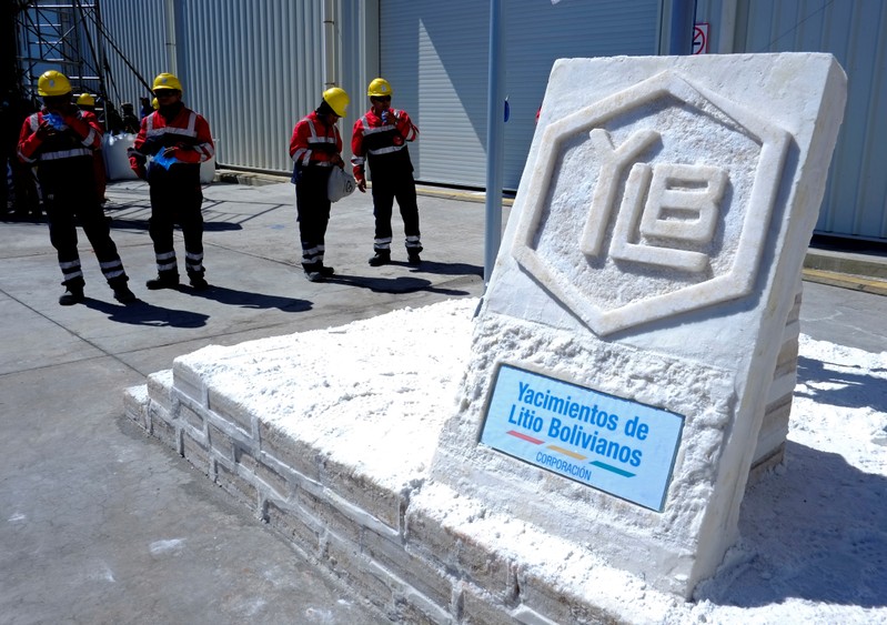 A sign made with salt blocks with the logo of state-owned YLB is seen at the plant of Llipi in