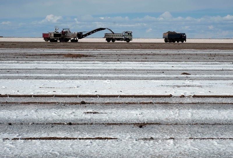 Trucks are seen near the lithium plant in Llipi, on the salt flats of Uyuni