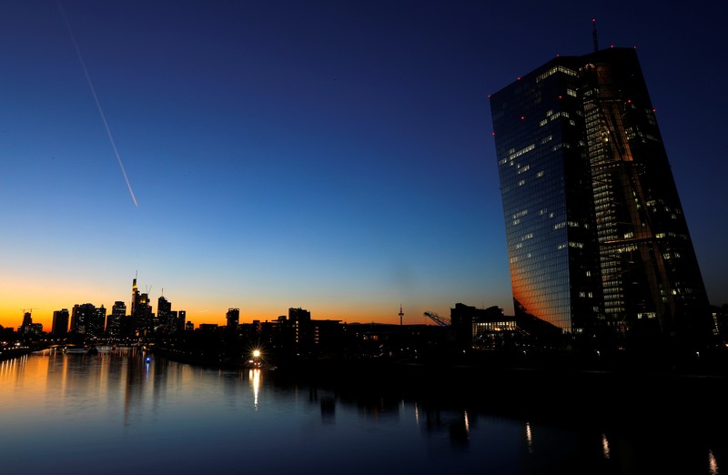 The skyline with its financial district is photographed on early evening in Frankfurt