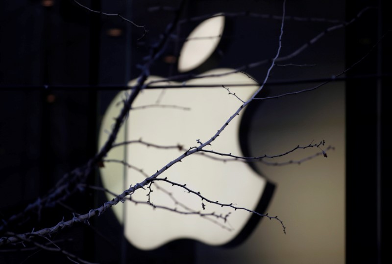 An Apple company logo is seen behind tree branches outside an Apple store in Beijing