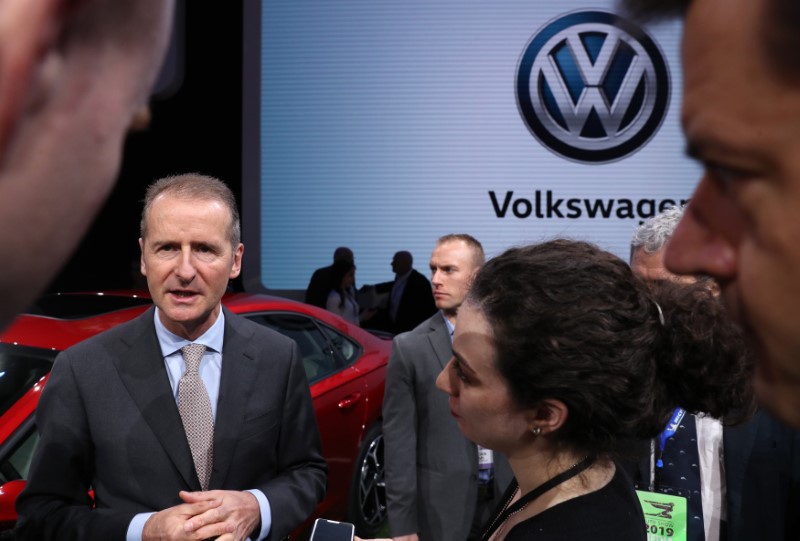 VW's Diess speaks at the North American International Auto Show in Detroit, Michigan