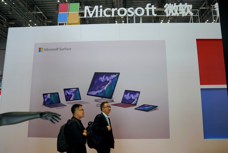A Microsoft sign is seen during the China International Import Expo (CIIE), at the National
